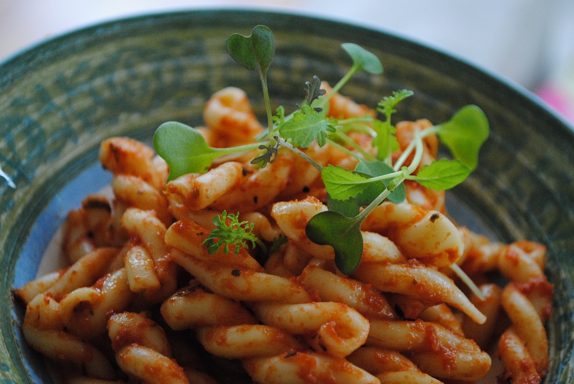 micro greens over pasta